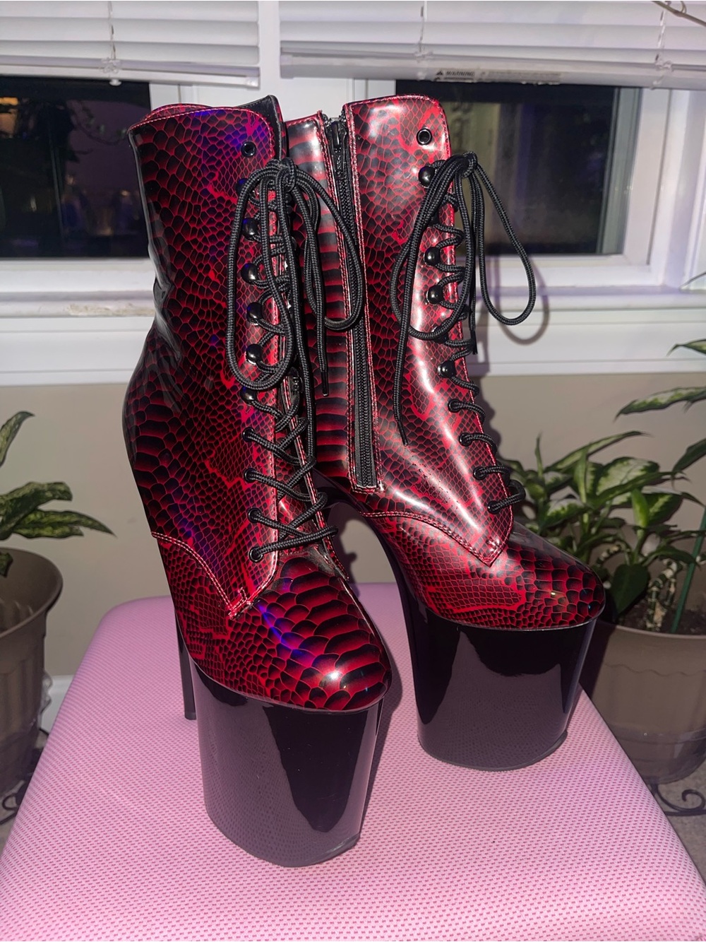 Pleaser Flamingo-1020SP | Red & Black Snake Print Ankle Boots (Size 9)